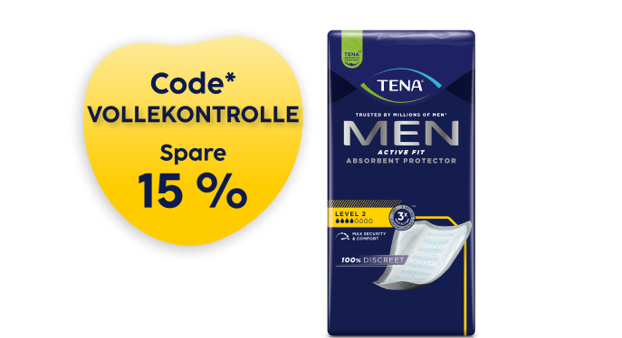 Anzeige: Spare 15% auf die diskreten Inkontinenzeinlagen von Tena für Männer.