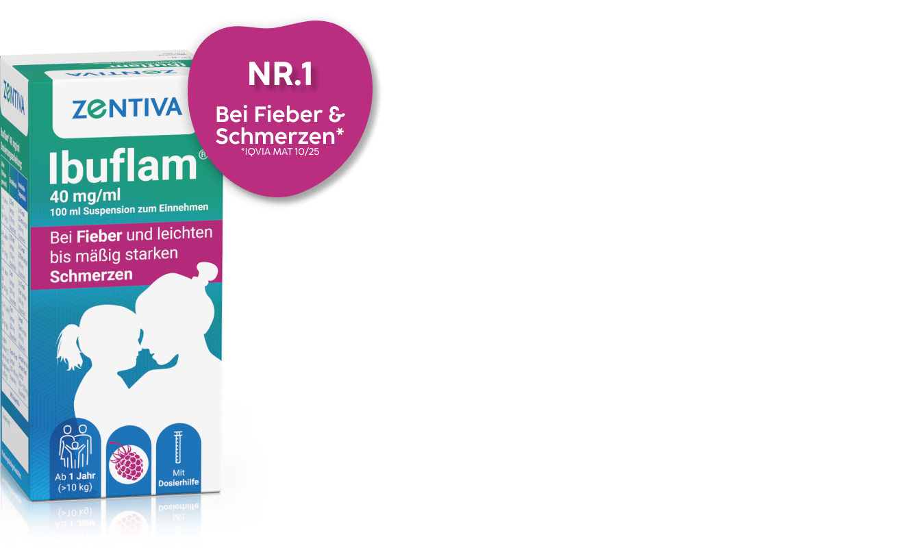 Anzeige: Fieber und Schmerzen bei Kindern behandeln. Ibuflam® im neuen Design – bewährte Arzneimittelqualität, einfache Dosierung und Himbeergeschmack bleiben unverändert.